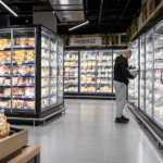 Interno di un supermercato moderno con banchi frigoriferi illuminati e scaffali pieni di prodotti alimentari confezionati. Un cliente osserva i prodotti nel reparto refrigerato.