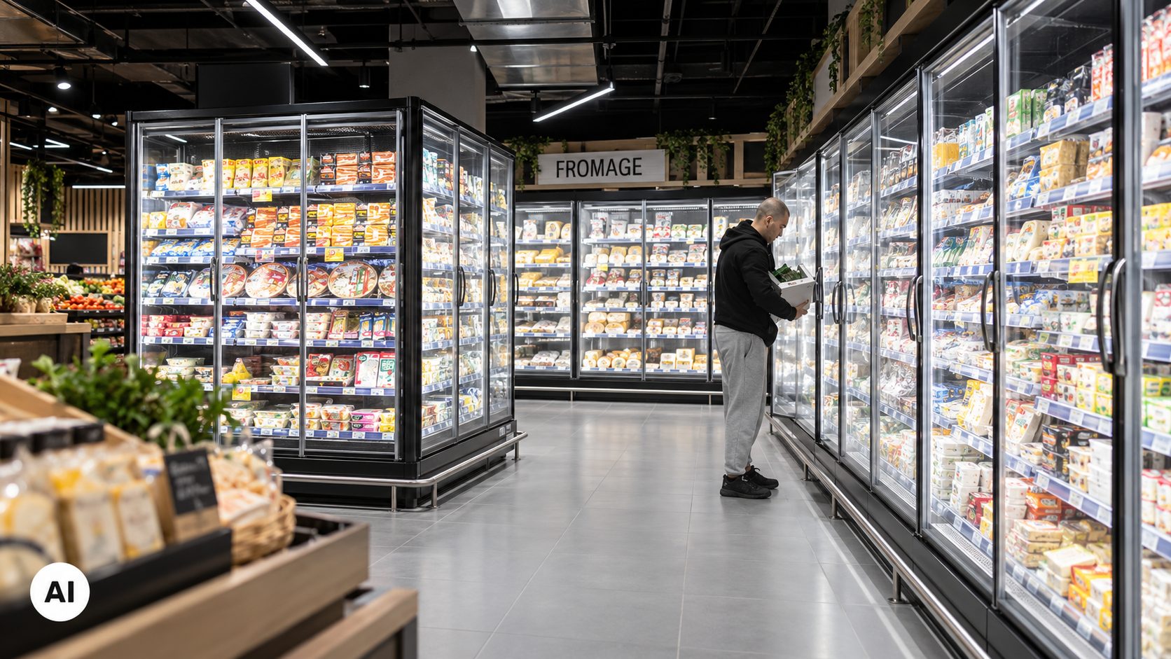 Interno di un supermercato moderno con banchi frigoriferi illuminati e scaffali pieni di prodotti alimentari confezionati. Un cliente osserva i prodotti nel reparto refrigerato.