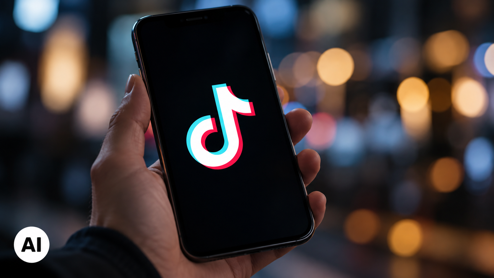Smartphone con il logo TikTok in primo piano, sullo sfondo luci sfocate. Immagine illustrativa della controversia tra ByteDance e UE sulla designazione come gatekeeper ai sensi del DMA.