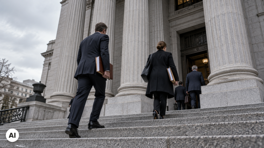 Ingresso di un tribunale federale americano con imponenti colonne in pietra e professionisti in abiti formali che salgono le scale portando documenti.