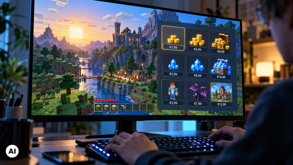 Postazione gaming domestica con monitor widescreen che mostra un videogioco in stile Minecraft e una schermata di acquisto con monete virtuali, cristalli e prezzi in euro, mentre un giocatore usa tastiera e mouse; bollino AI in basso a sinistra.