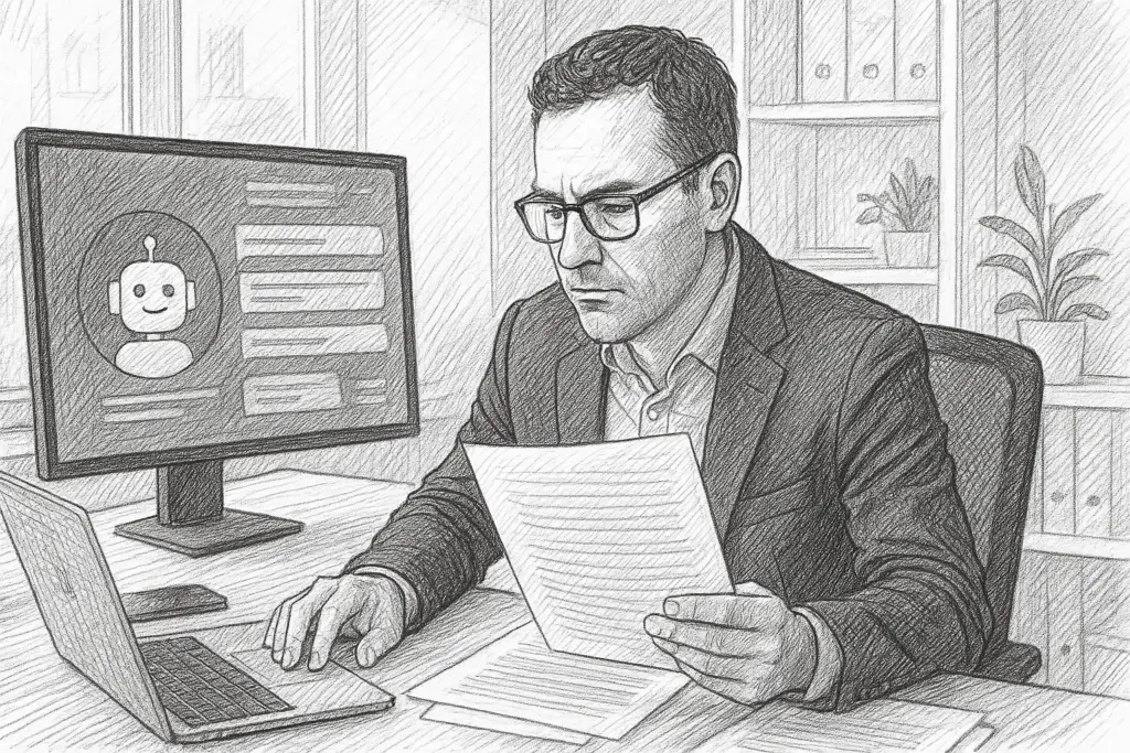 Disegno a matita in stile iperrealistico che ritrae un uomo in giacca e occhiali mentre consulta documenti su una scrivania moderna. Accanto a lui, un laptop aperto e un monitor con l’interfaccia grafica di un chatbot. Sullo sfondo, una libreria ordinata e una pianta d’appartamento. L’ambiente è luminoso e professionale, con dettagli curati.