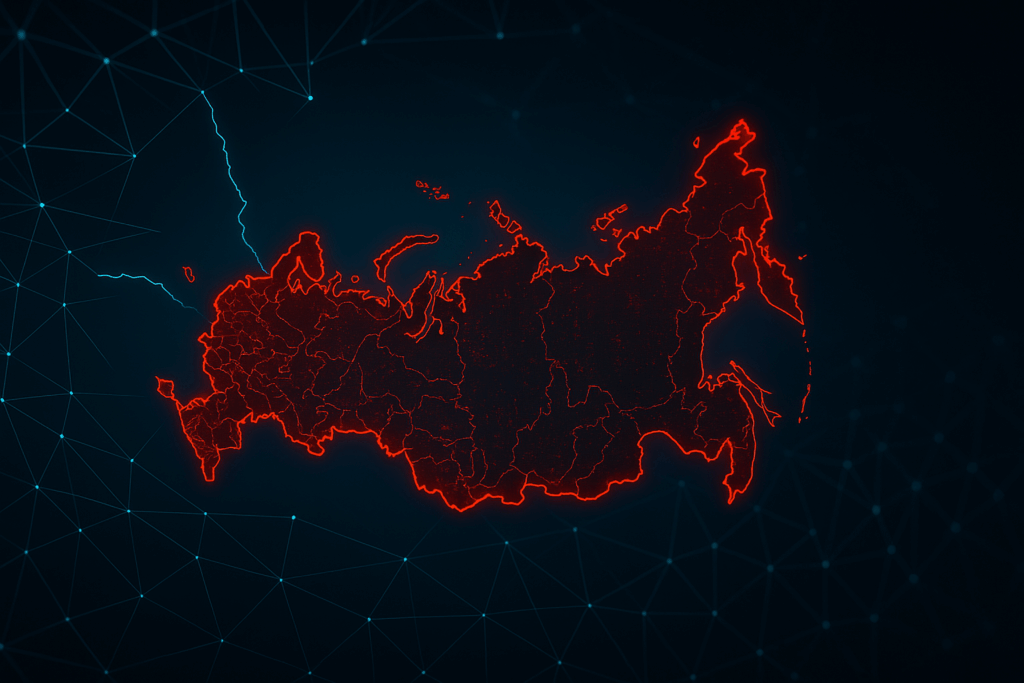Mappa digitale della Russia evidenziata in rosso, isolata dal resto del mondo su sfondo blu con linee di rete interrotte, a simboleggiare il distacco dal network globale.