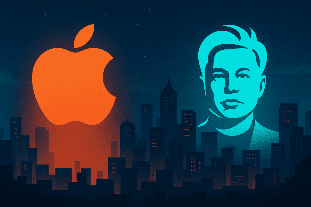 Illustrazione digitale notturna con skyline della Silicon Valley, un grande logo Apple luminoso a sinistra e un ritratto stilizzato di Elon Musk a destra.
